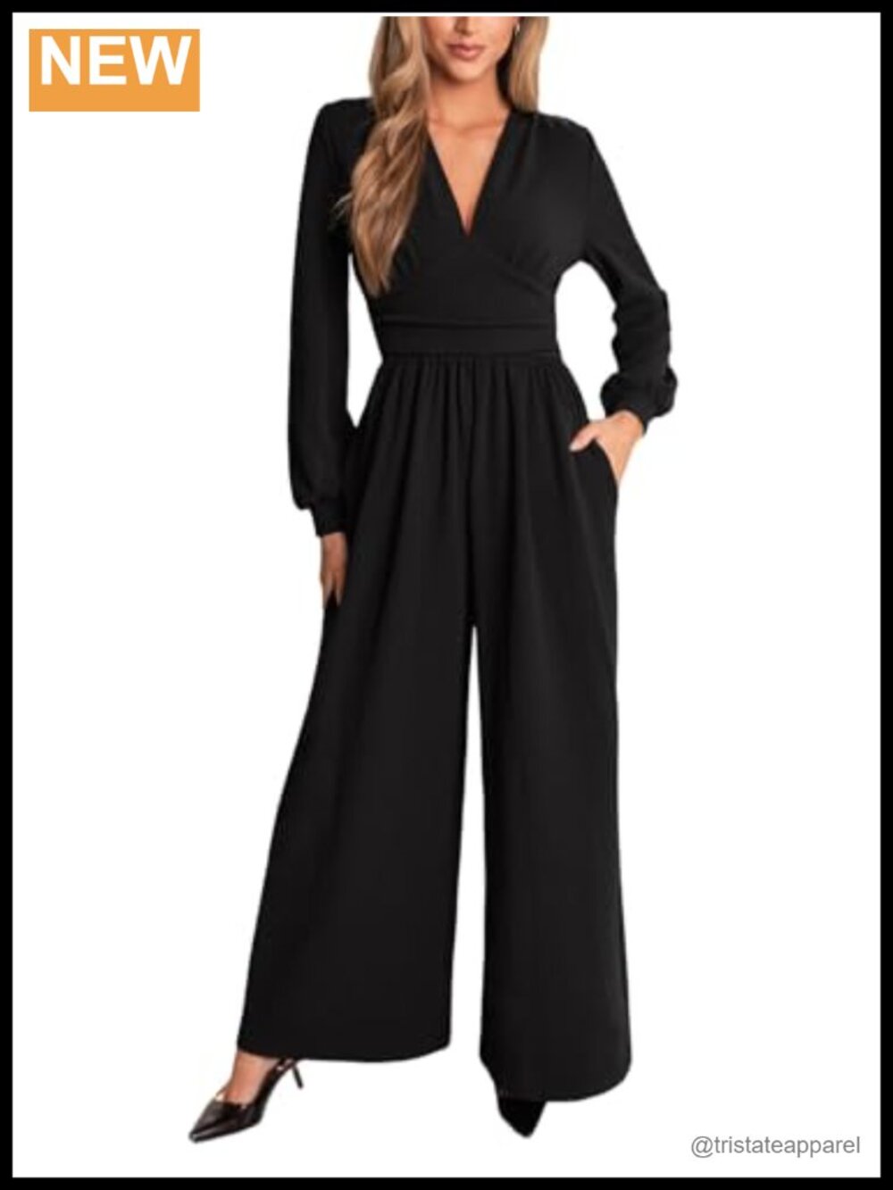 V Neck Plunging Long Sleeve Wide Leg Jumpsuit Romper Casual Dressy